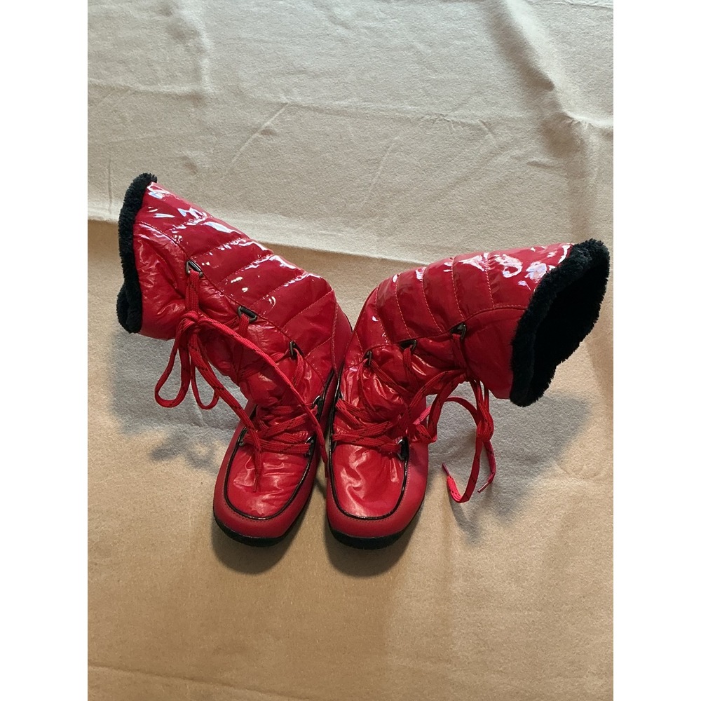 Sporto Snow Boots Womens 7.5 Red Excellent Quilted Patent Faux Fur Winter